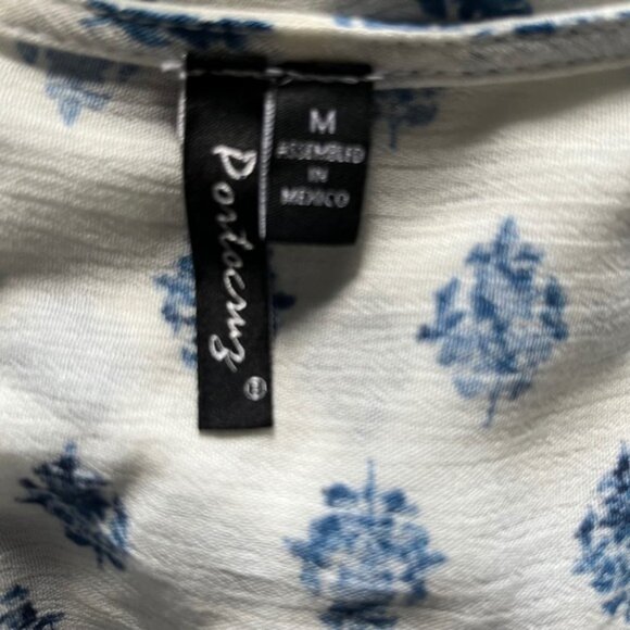 PomPom Bohemian Dress Bell Sleeve Tunic Top White Blue Paisley M - Picture 3 of 4